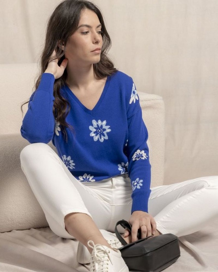 Mise au Green Pull & Cardigan | Pull A Fleurs Bleu Cobalt