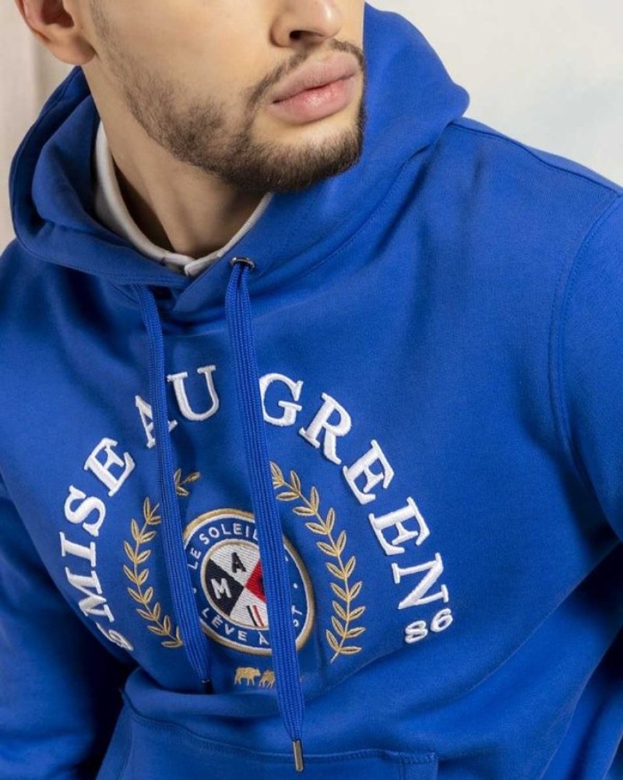 Mise au Green Sweat | Sweat A Capuche Unie Blason Le Soleil Se Leve A L'Est Bleu Cobalt