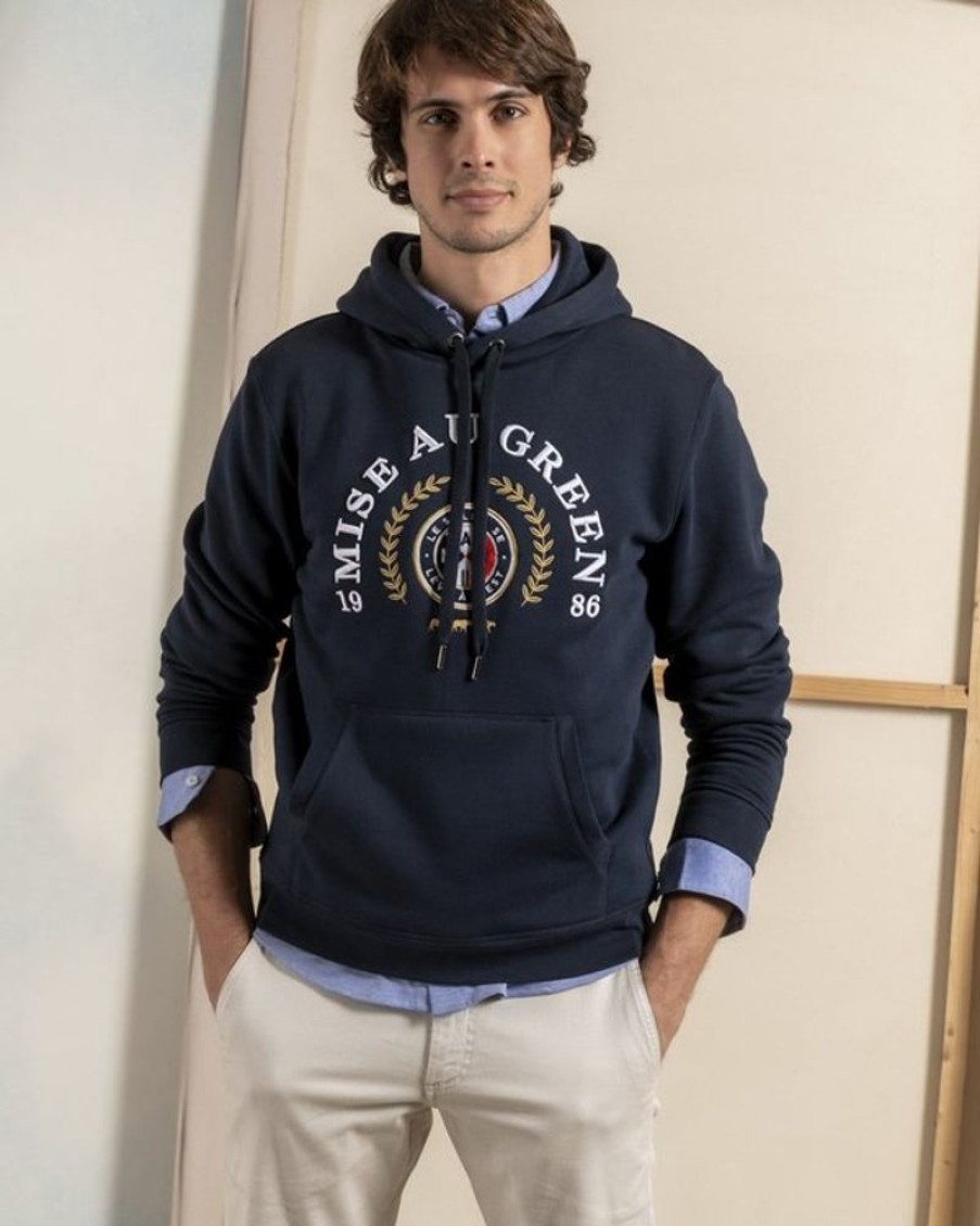 Mise au Green Sweat | Sweat A Capuche Unie Blason Le Soleil Se Leve A L'Est Bleu Marine