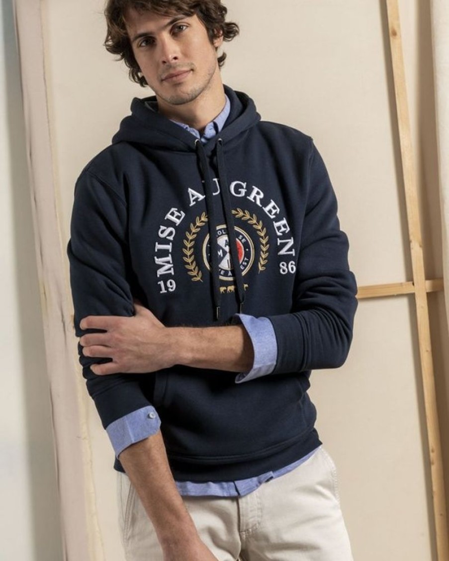 Mise au Green Sweat | Sweat A Capuche Unie Blason Le Soleil Se Leve A L'Est Bleu Marine