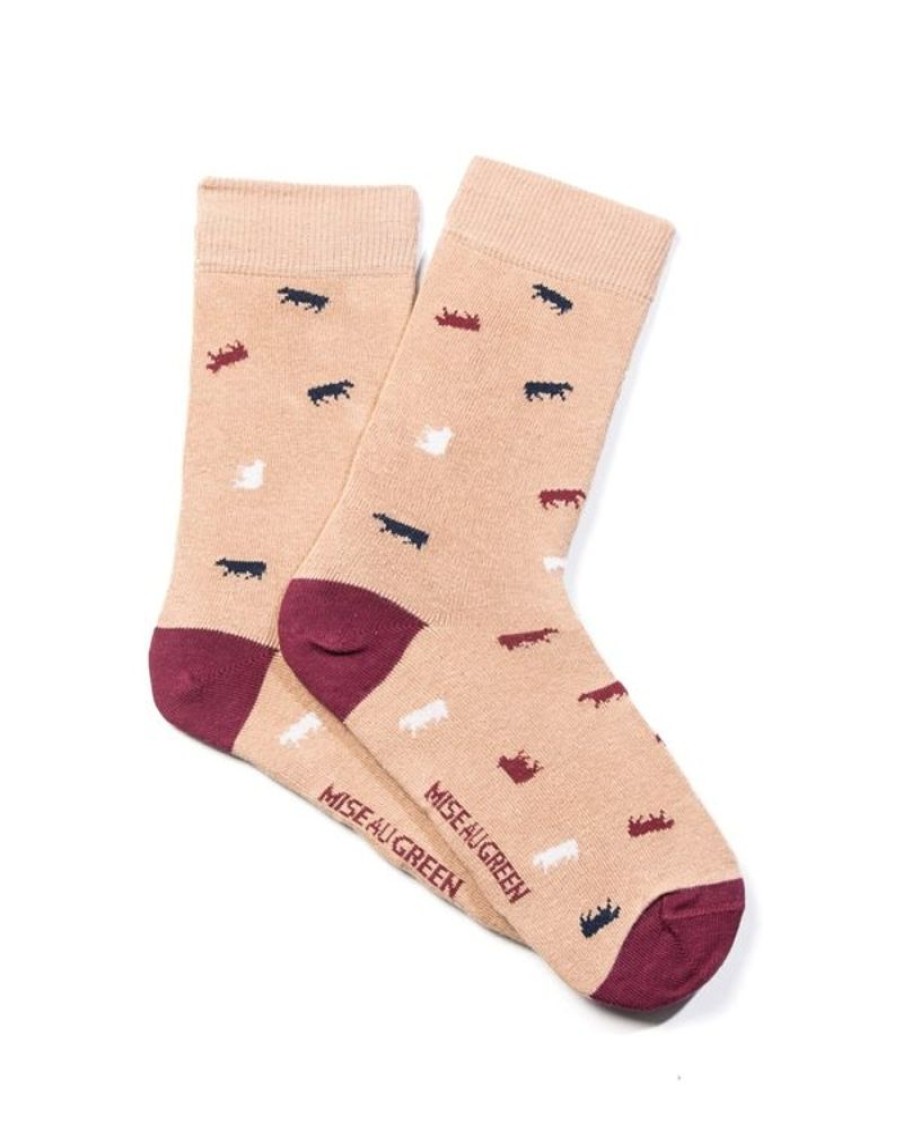 Mise au Green Chaussettes | Chaussettes Jacquard Motifs Petites Vaches Beige