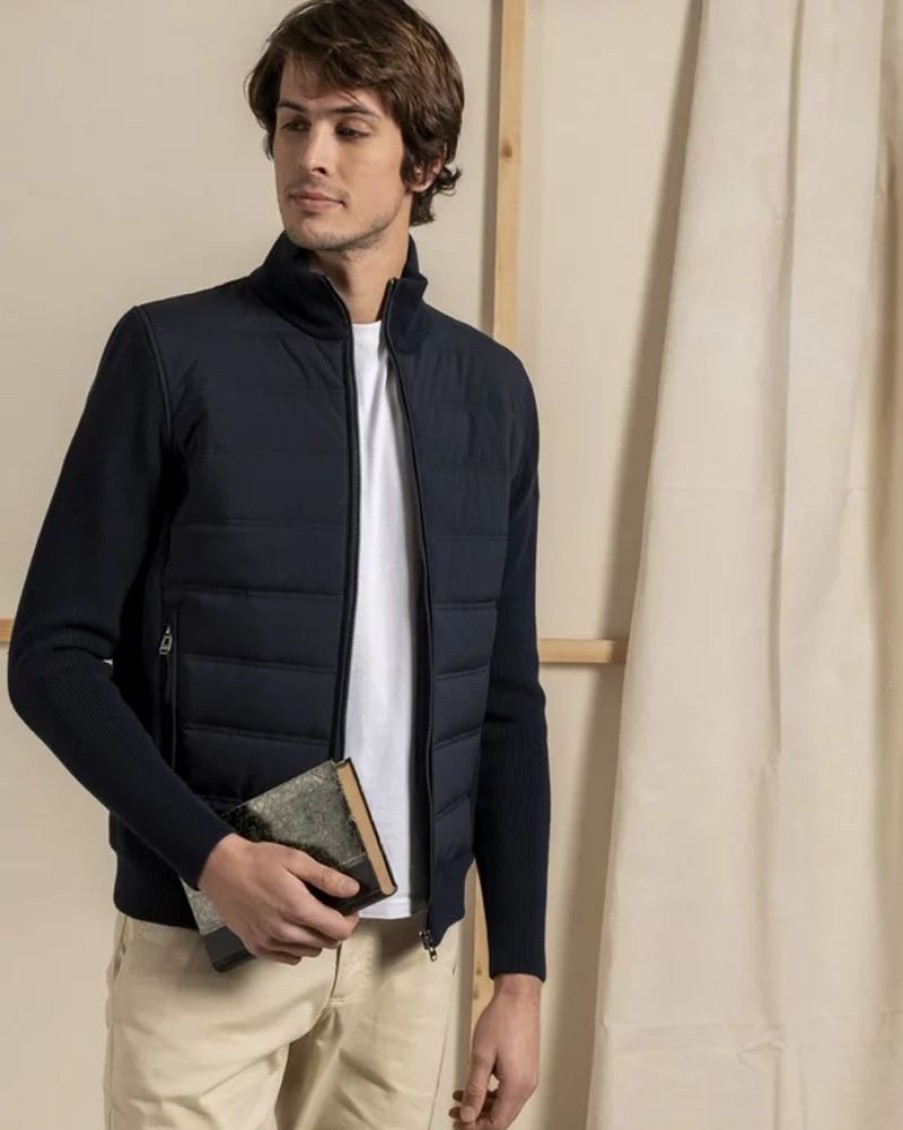 Mise au Green Gilet | Cardigan Bi-Matiere Zippe Manches Longues 50% Laine Bleu Marine