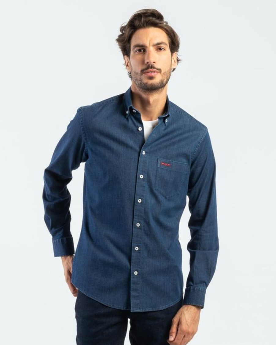 Mise au Green Chemise | Chemise Facon Denim Unie Manches Longues 100% Coton Bleu Jean