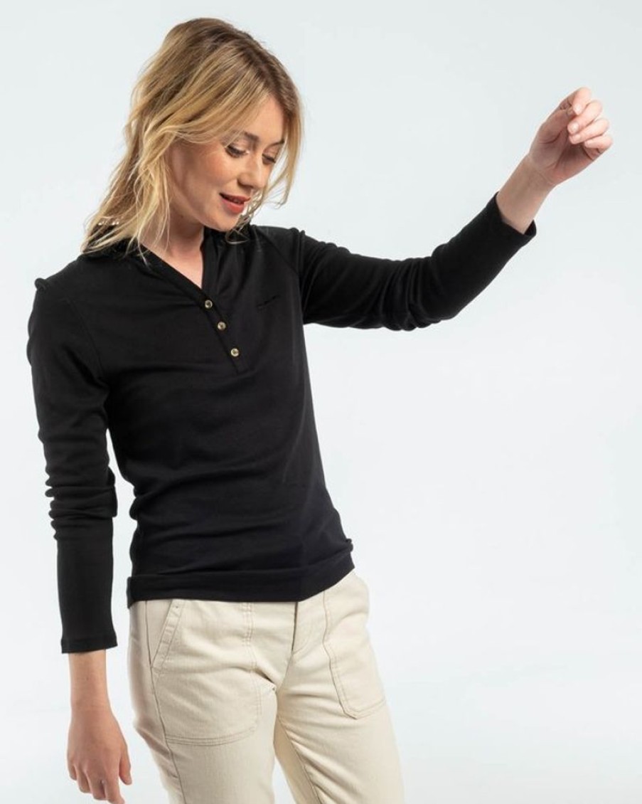 Mise au Green Polo | Polo A Manches Longues Uni En Coton Noir