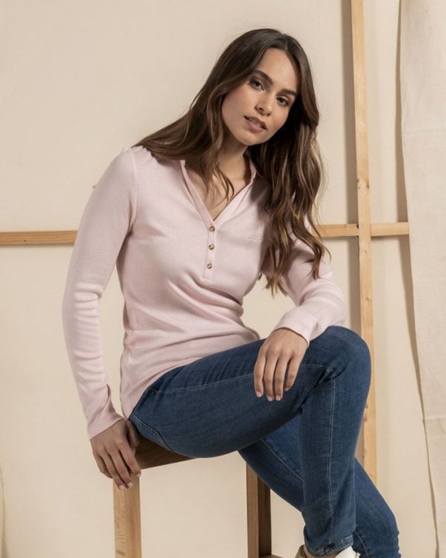 Mise au Green Polo | Polo A Manches Longues Uni En Coton Rose Pale