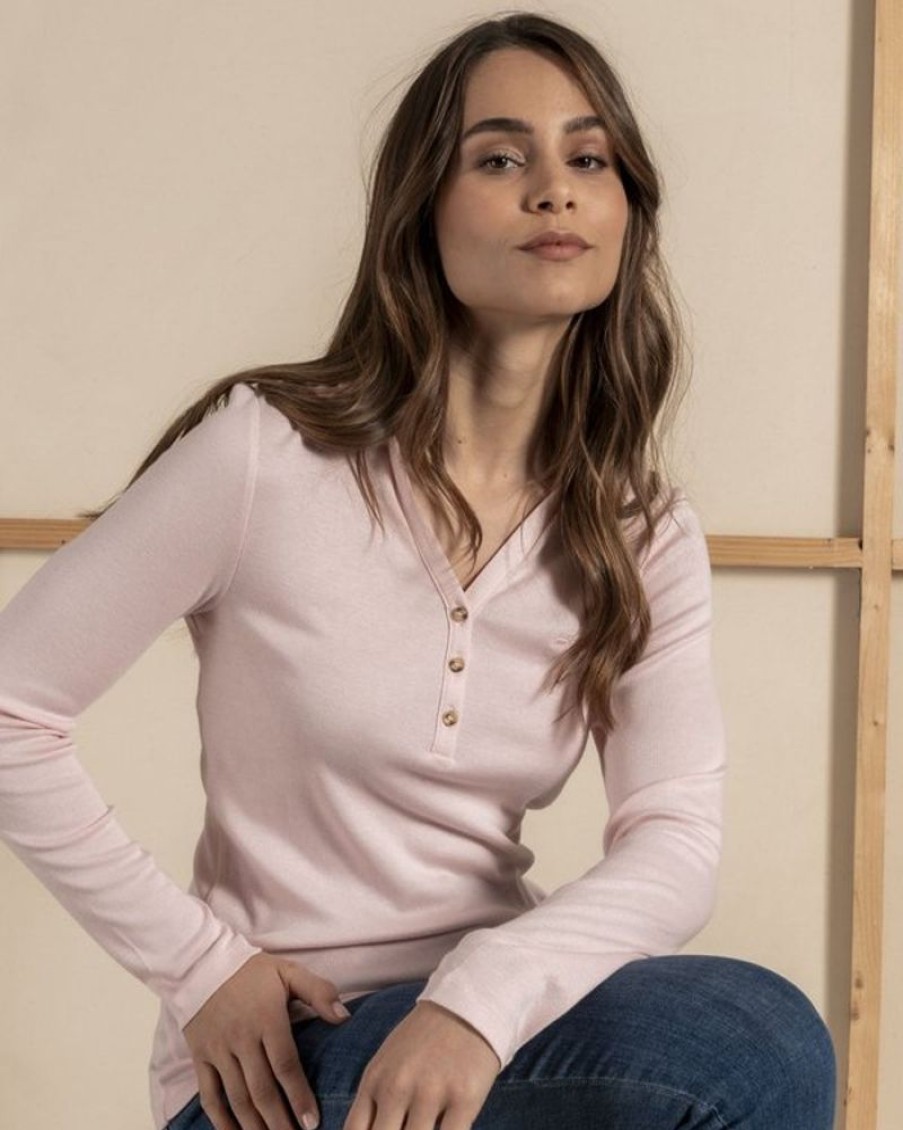 Mise au Green Polo | Polo A Manches Longues Uni En Coton Rose Pale