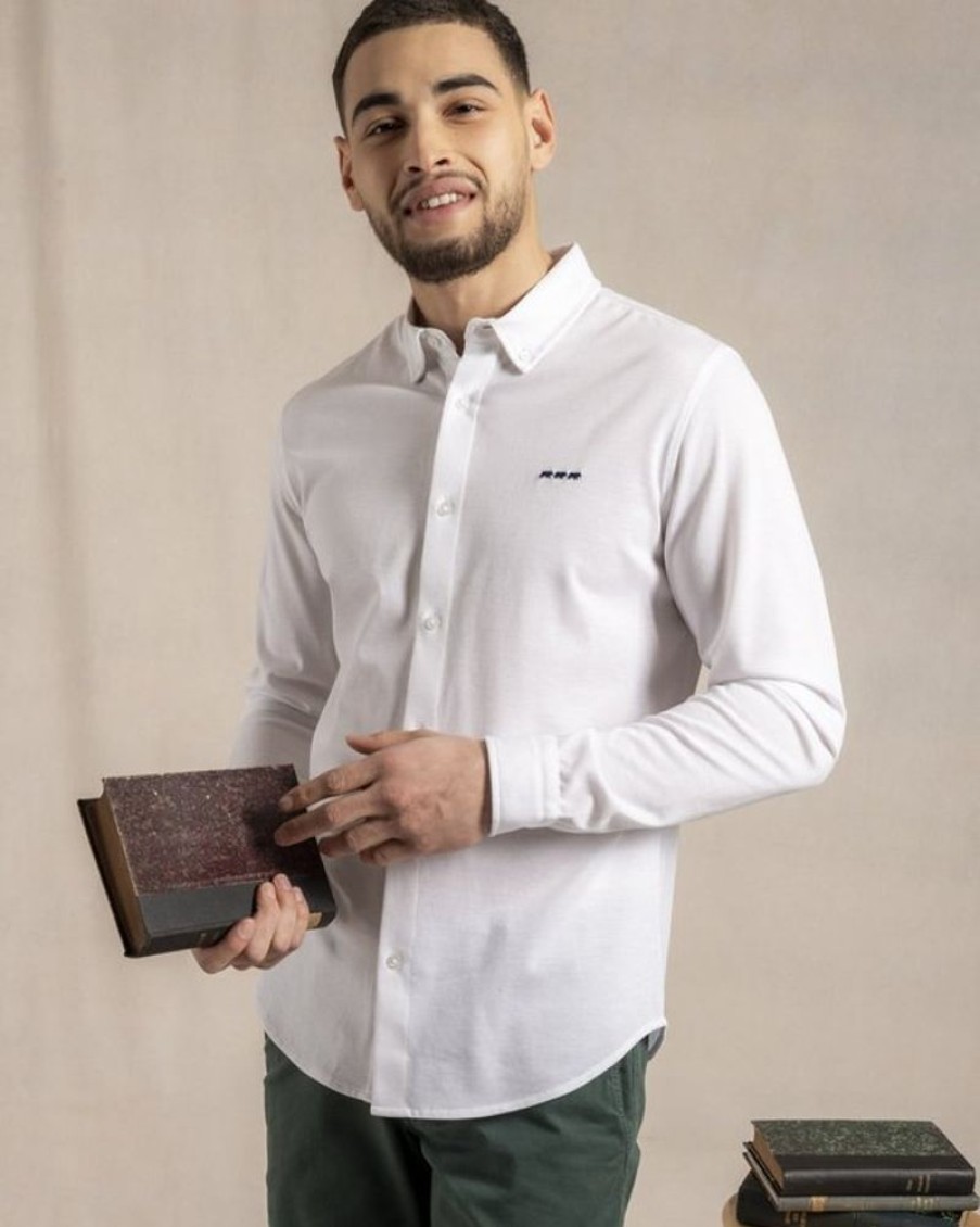 Mise au Green Chemise | Chemise Unie Modern Fit Manches Longues En Coton Pique Blanc