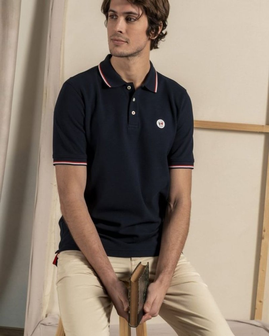 Mise au Green Polo | Polo Manches Courtes Patch Details Tricolores Bleu Marine