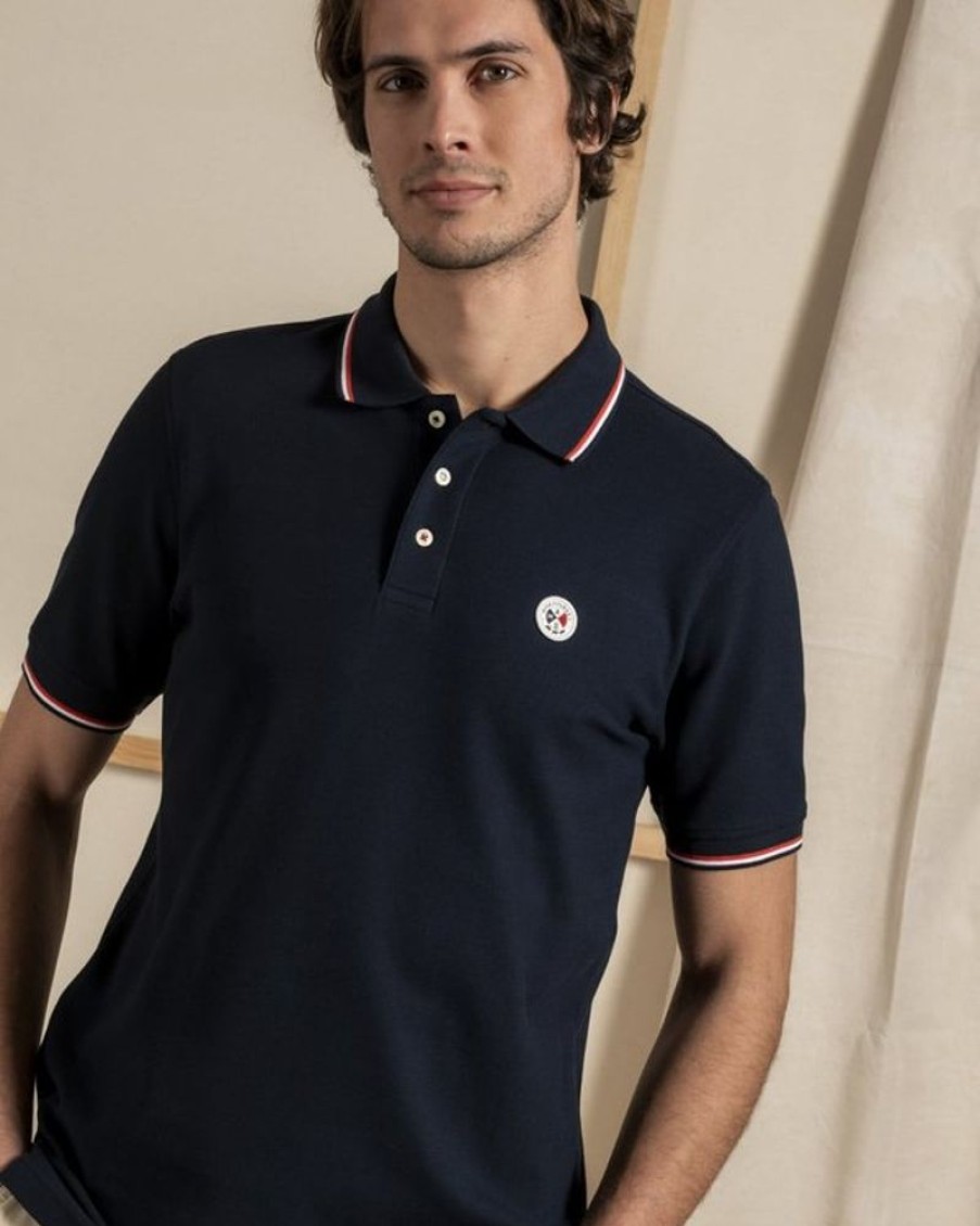 Mise au Green Polo | Polo Manches Courtes Patch Details Tricolores Bleu Marine