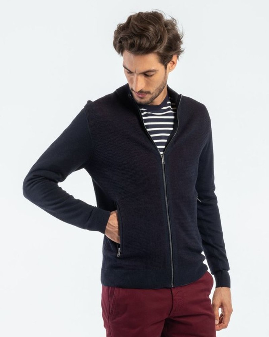 Mise au Green Gilet | Cardigan Manches Longues Zippe Col Camionneur Bleu Marine