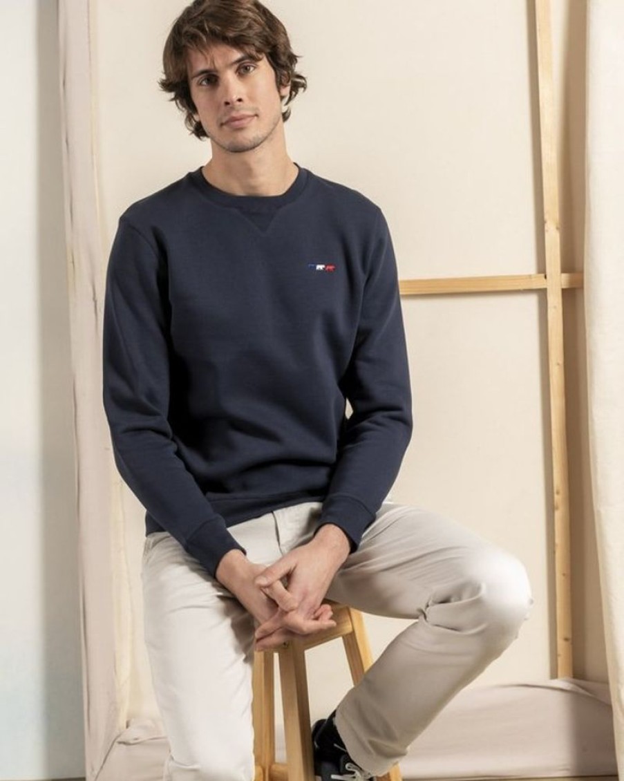 Mise au Green Sweat | Sweat Uni Louis Broderie 3 Vaches 85% Coton Bleu Marine