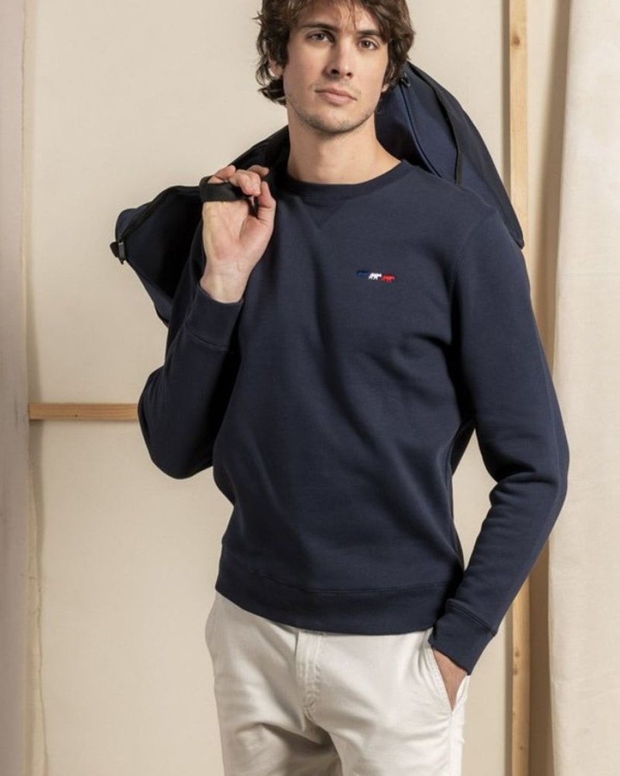 Mise au Green Sweat | Sweat Uni Louis Broderie 3 Vaches 85% Coton Bleu Marine