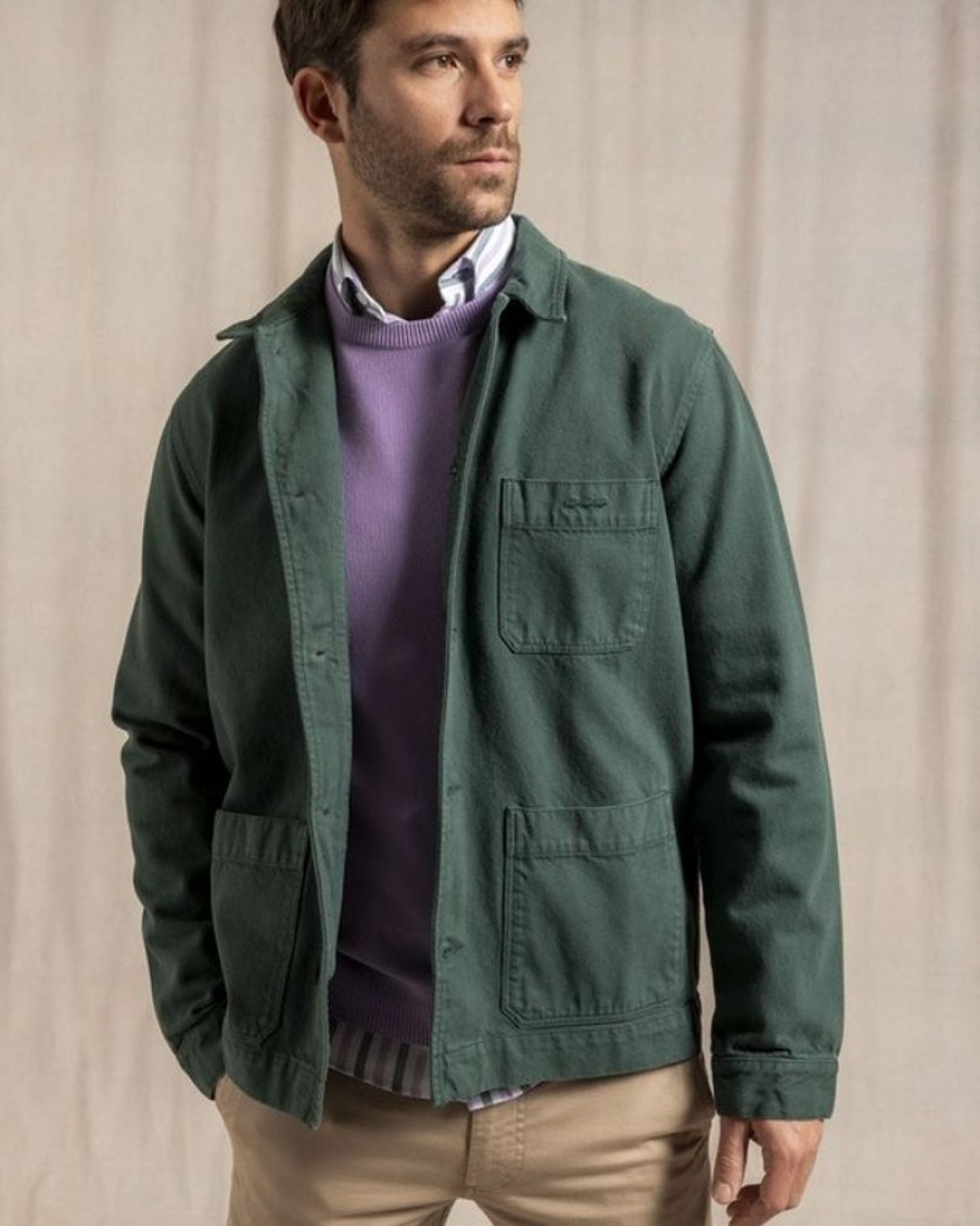 Mise au Green Veste | Veste Peintre Unie Broderie 3 Vaches En Coton Colvert