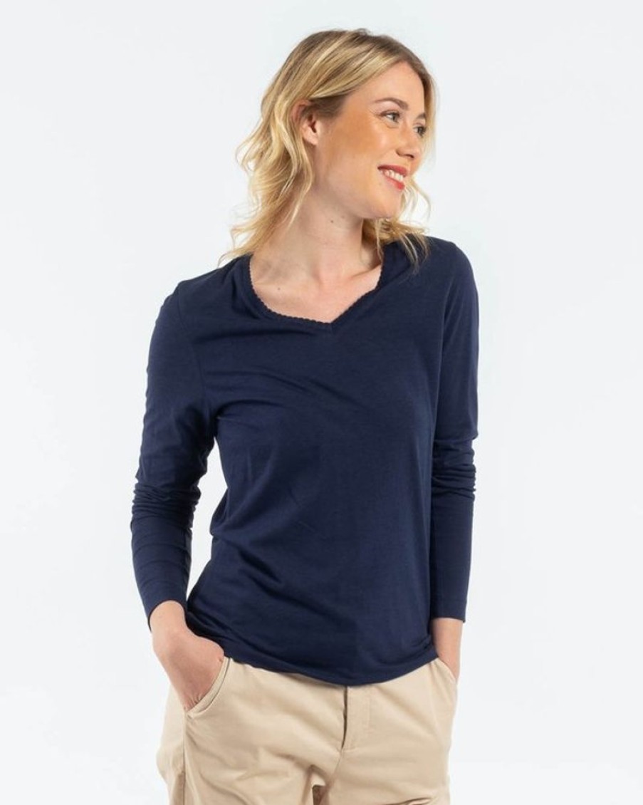 Mise au Green T-Shirt | T-Shirt Manches Longues A Col V Uni Bleu Marine