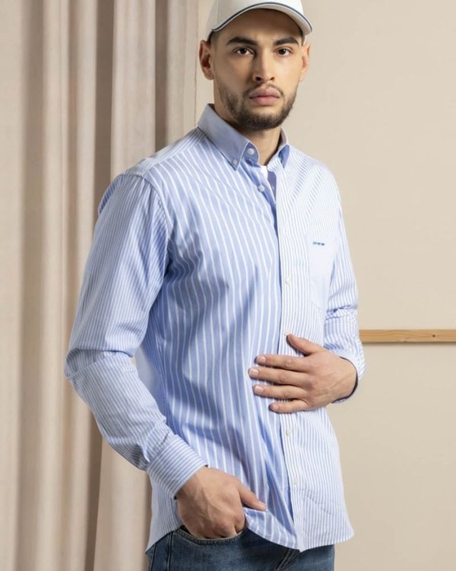 Mise au Green Chemise | Chemise Patchwork De Rayures En Tissu Oxford Rayures Bleu