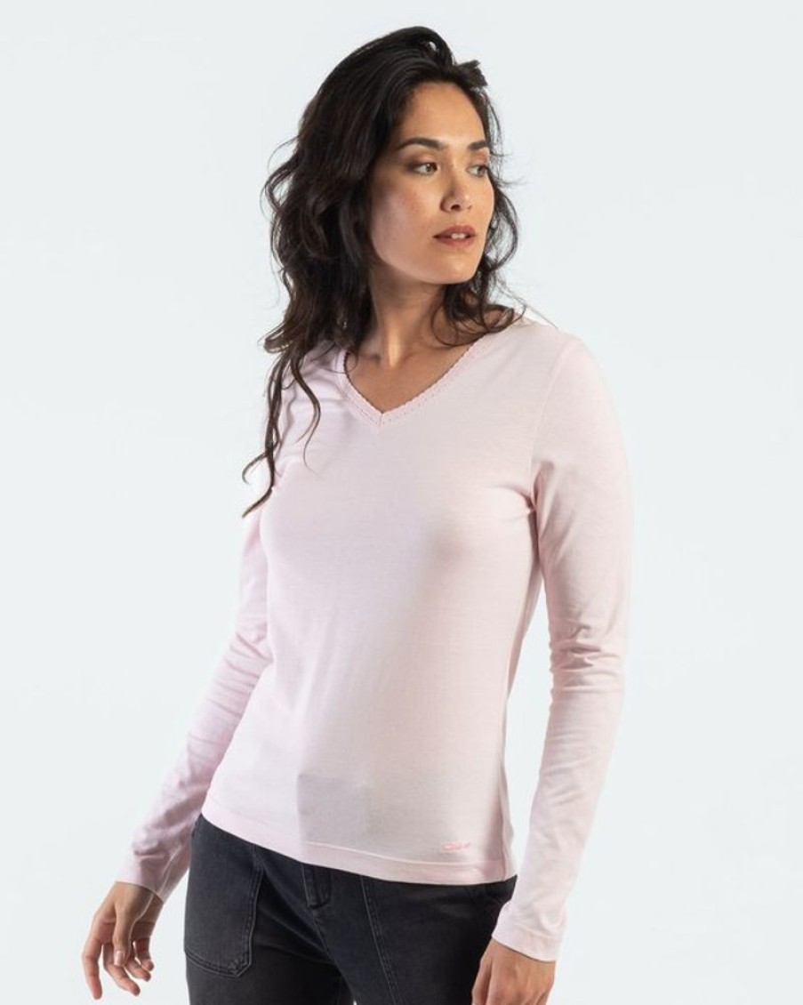 Mise au Green T-Shirt | T-Shirt Manches Longues A Col V Uni Rose Pale