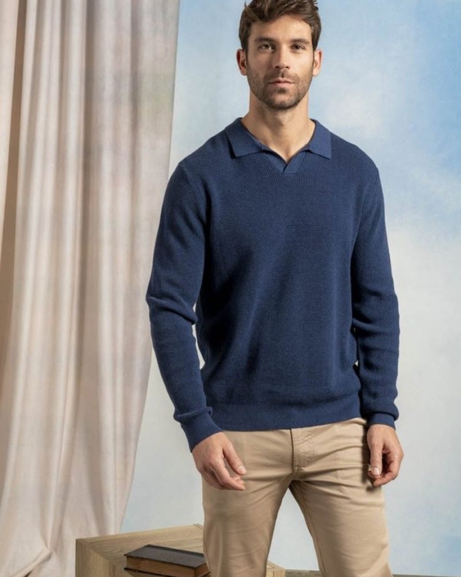 Mise au Green Pull | Pull Col Polo Maille Structuree Indigo